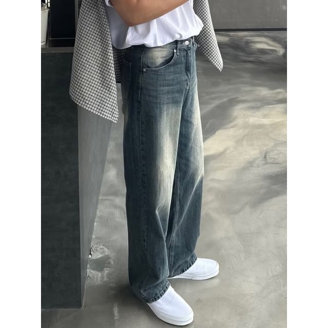 Nightbell-Mid Rise Washed Straight Leg Jeans