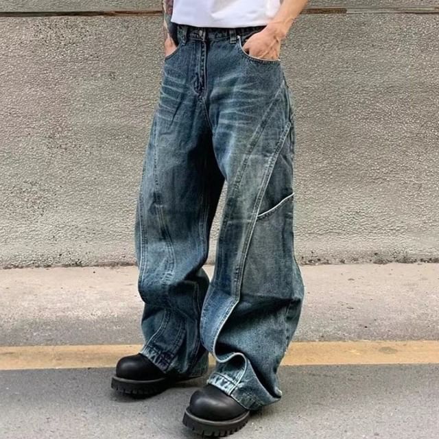 Nightbell-Mid Rise Washed Wide Leg Jeans