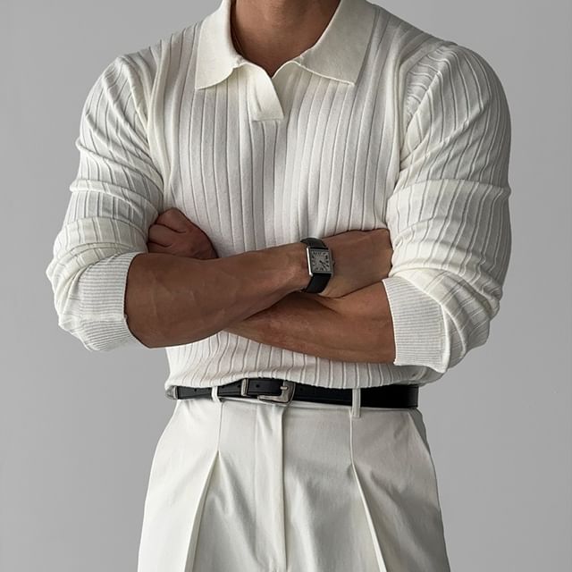 Nightbell-Open Placket Plain Ribbed Polo Sweater