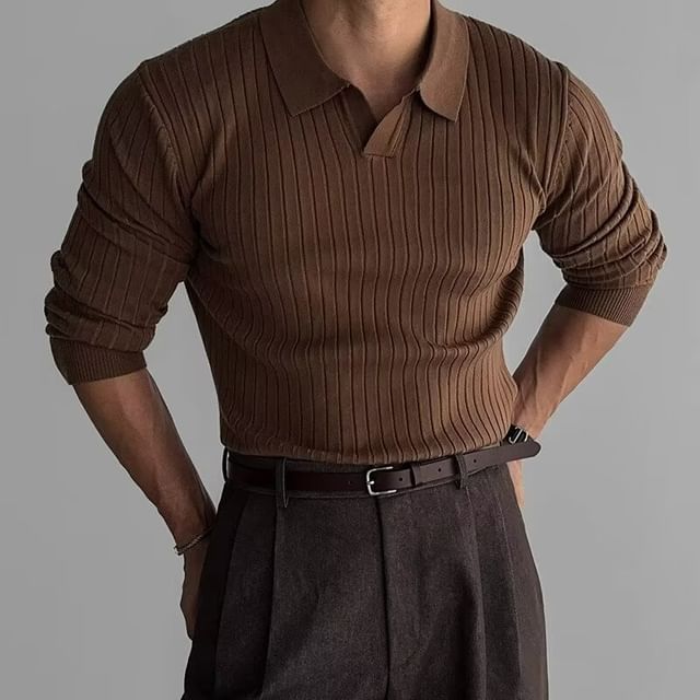 Nightbell-Open Placket Plain Ribbed Polo Sweater