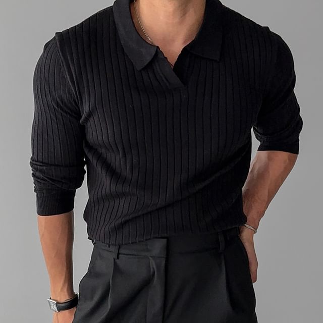 Nightbell-Open Placket Plain Ribbed Polo Sweater
