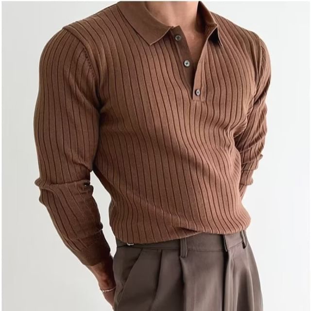 Nightbell-Plain Ribbed Polo Sweater