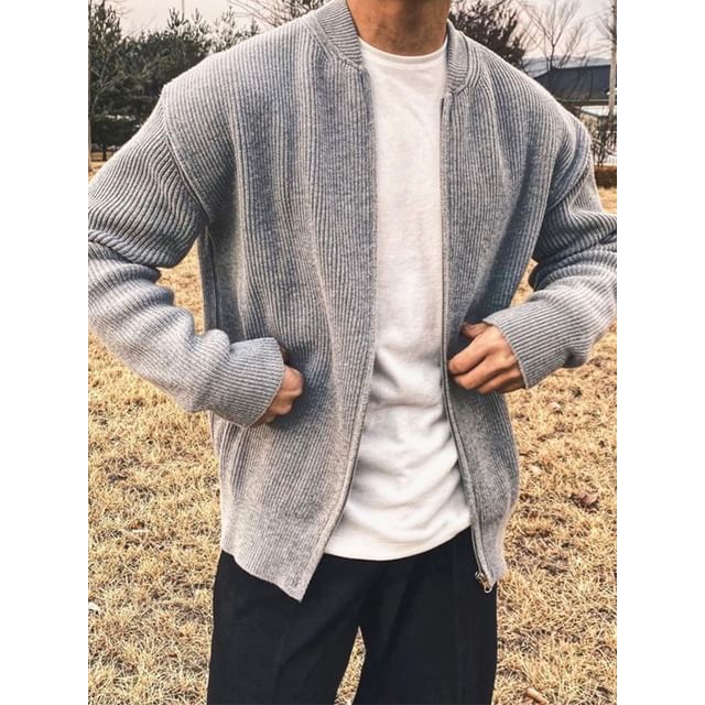 Nightbell-Plain Ribbed Zip Cardigan