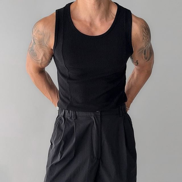 Nightbell-Scoop Neck Plain Ribbed Tank Top