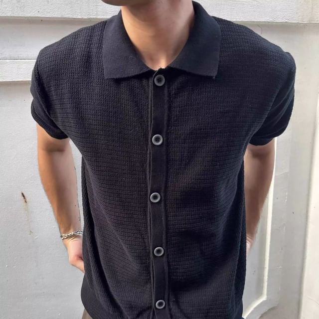 Nightbell-Short-Sleeve Collared Plain Button Up Knit Top