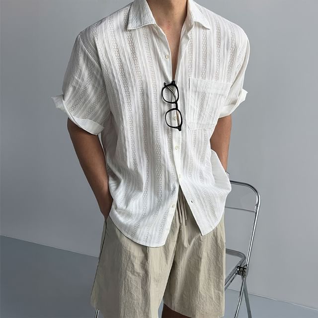 Nightbell-Short-Sleeve Collared Plain Embroidered Button Up Shirt