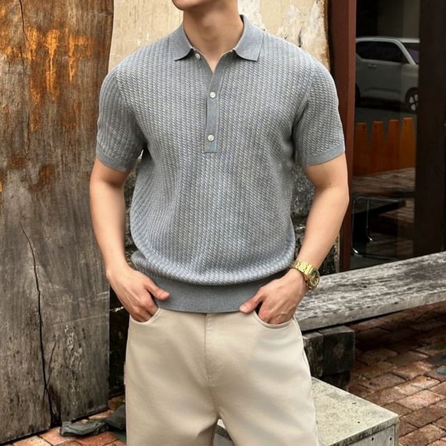 Nightbell-Short Sleeve Collared Plain Knitted Polo Shirt