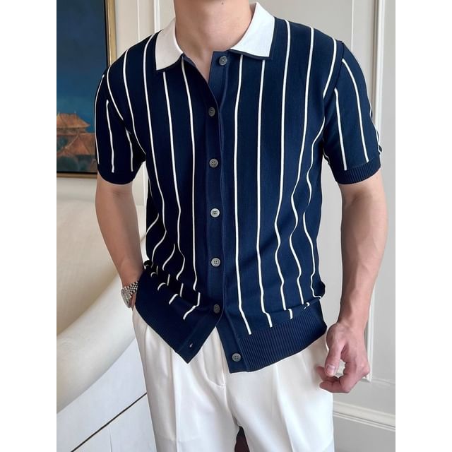 Nightbell-Short-Sleeve Collared Striped Button Up Knit Shirt