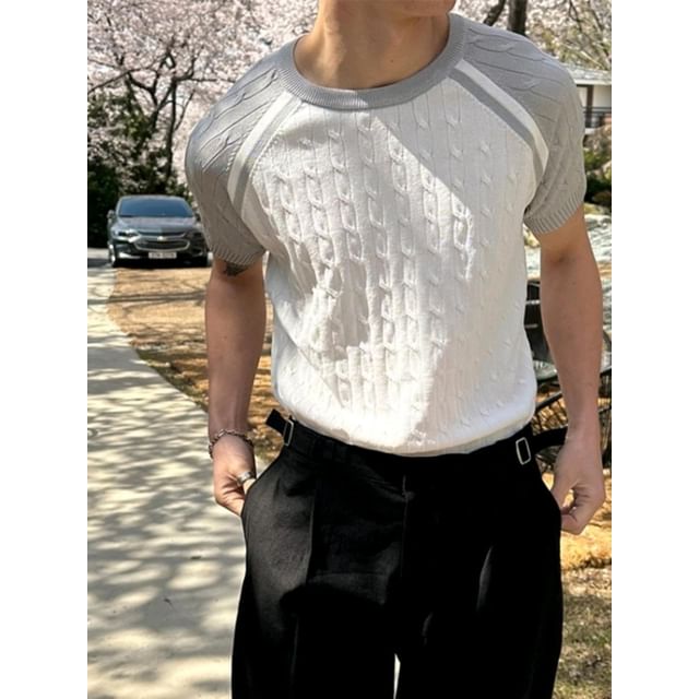 Nightbell-Short-Sleeve Crew Neck Raglan Cable-Knit Top