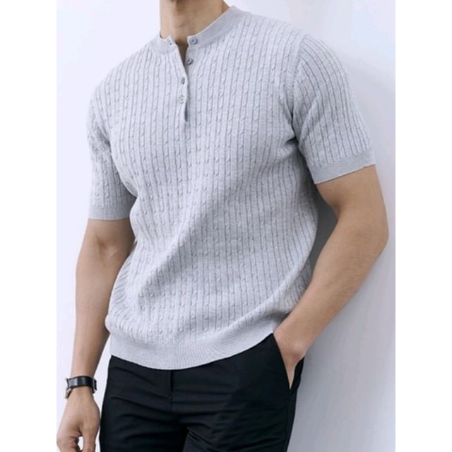 Nightbell-Short-Sleeve Henley Plain Cable-Knit Top