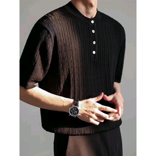 Nightbell-Short-Sleeve Henley Plain Cable-Knit Top