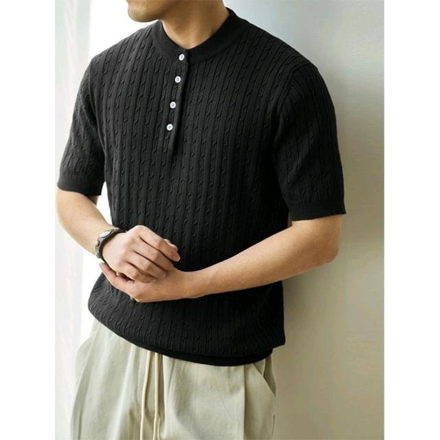 Nightbell-Short-Sleeve Henley Plain Cable-Knit Top
