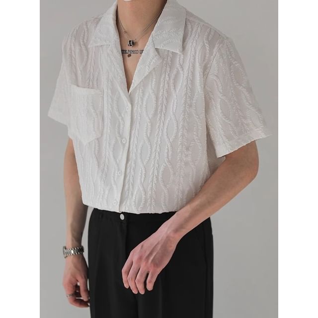 Nightbell-Short-Sleeve Lapel Collared Textured Button Up Shirt