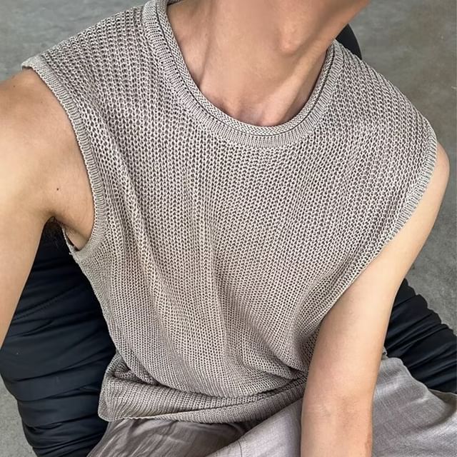 Nightbell-Sleeveless Crew Neck Plain Sweater Vest