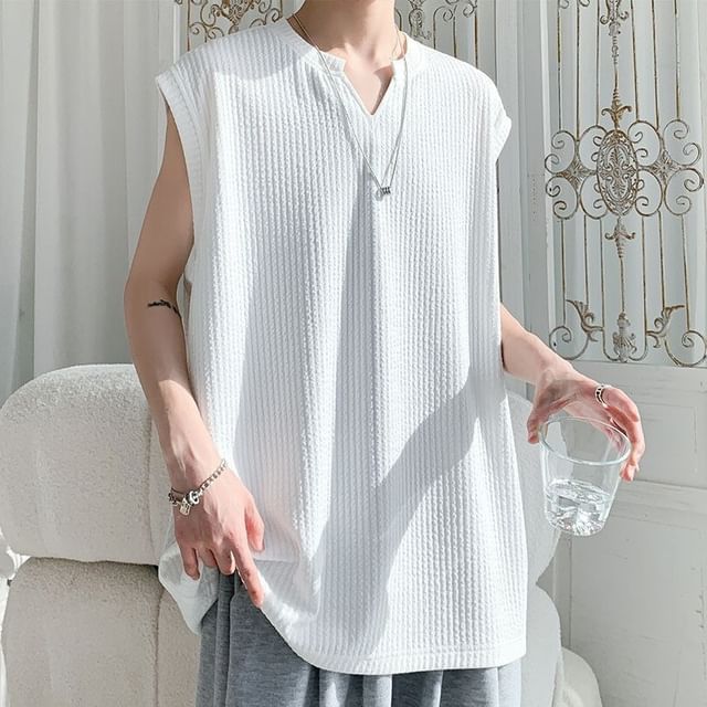 Nightbell-Sleeveless Notch Neck Plain Textured Top