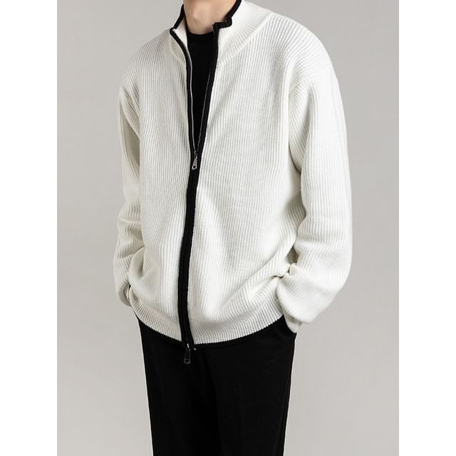Nightbell-Stand Collar Contrast Trim Ribbed Zip Cardigan