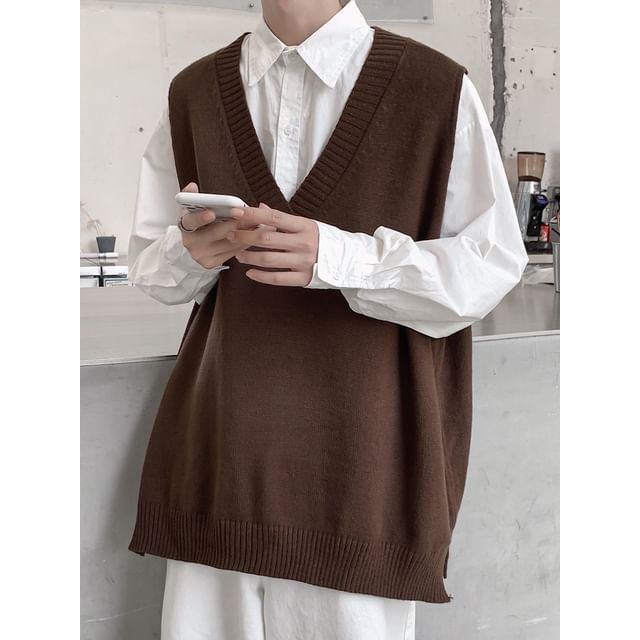 Nightbell-V-Neck Plain Sweater Vest