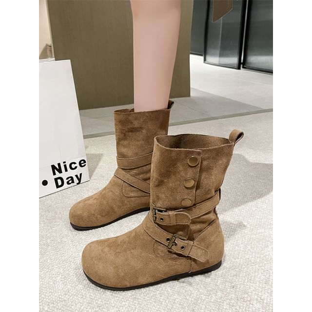 Nikao-Buckled Button Hidden Wedge Short Boots