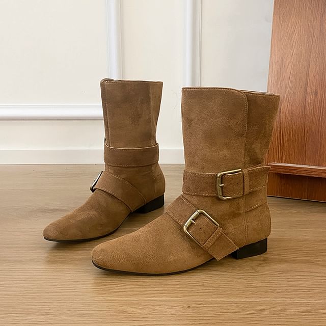 Nikao-Buckled Chunky Heel Short Boots