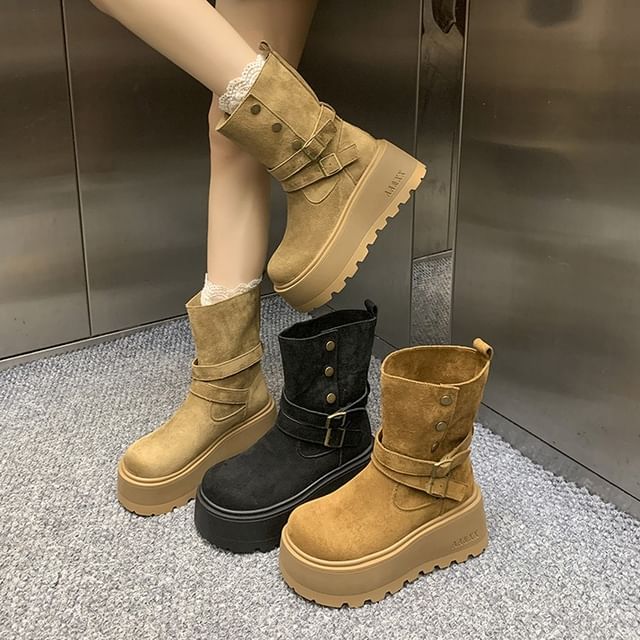 Nikao-Buckled Faux Suede Platform Short Boots