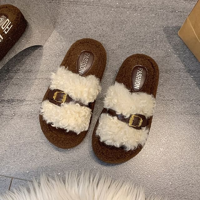 Nikao-Buckled Fleece Platform Slide Sandals