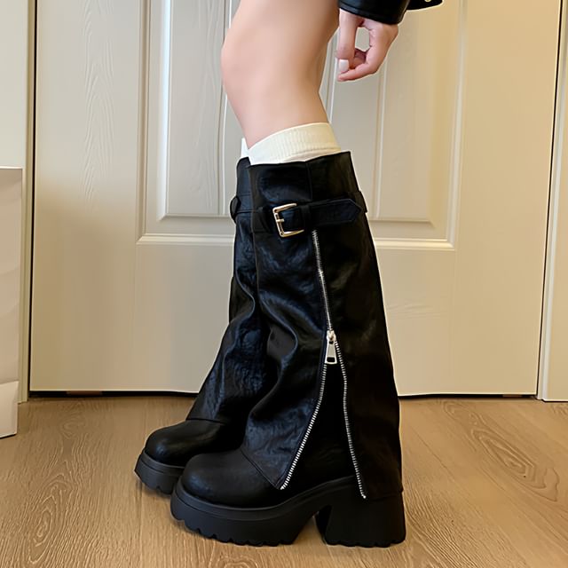 Nikao-Buckled Platform Chunky Heel Tall Boots