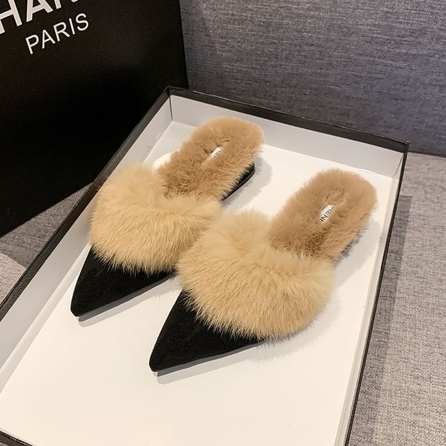 Nikao-Chunky Heel Pointed Toe Fleece-Lined Mules