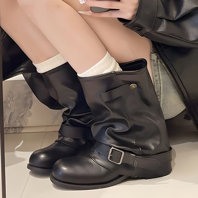 Nikao-Faux Leather Buckled Short Boots
