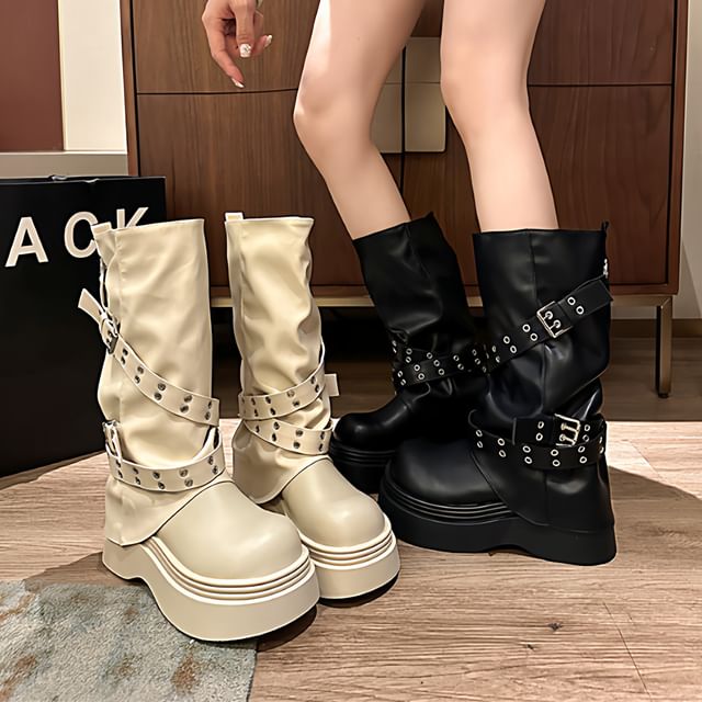 Nikao-Grommet Buckled Platform Tall Boots