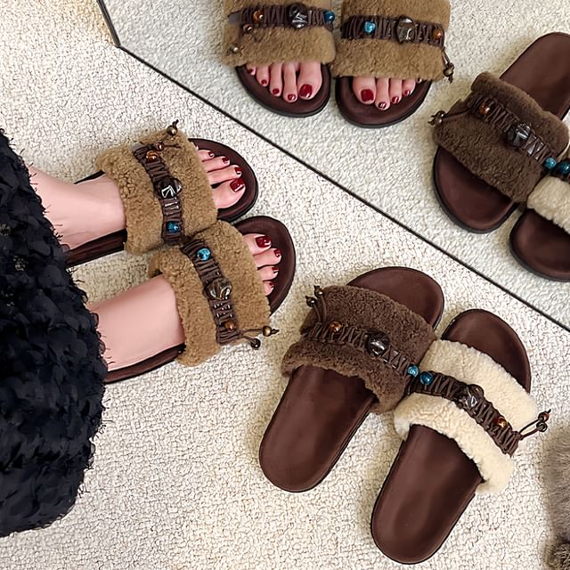 Nikao-Platform Beaded Panel Fleece Slide Sandals