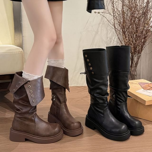 Nikao-Platform Button Two-Way Knee High Boots