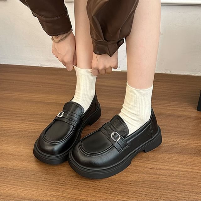 Nikao-Platform Plain Buckled Faux Leather Loafers