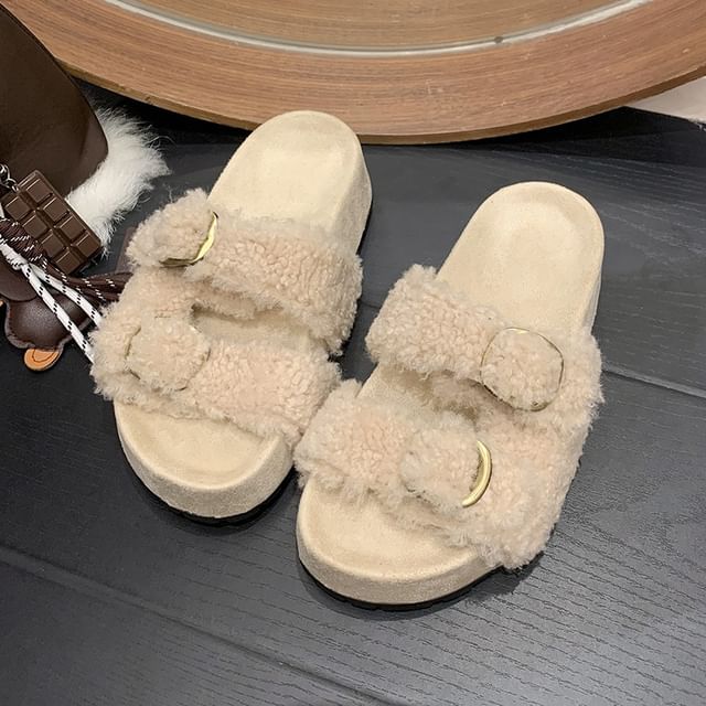 Nikao-Platform Plain Buckled Fleece Slide Sandals