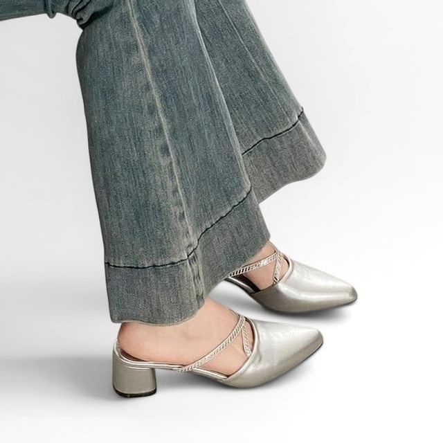 Nikao-Pointed-Toe Embellished Strap Block Heel Mules