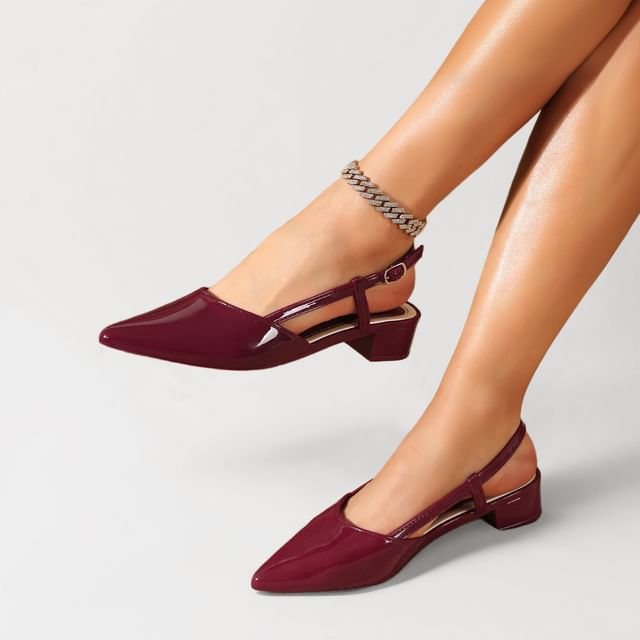 Nikao-Pointed Toe Slingback Patent Leather Block Heel Pumps