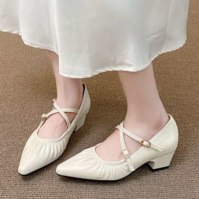 Nikao-Pointy Plain Ruched Mary Jane Pumps