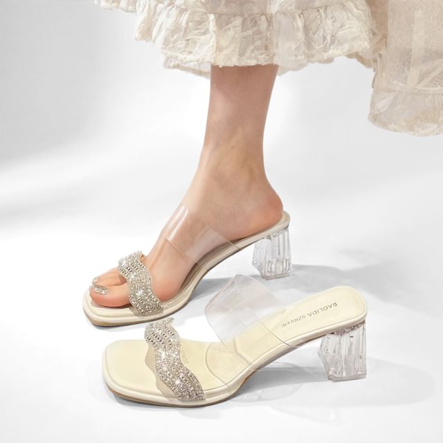 Nikao-Rhinestone Chunky Heel Slide Sandals