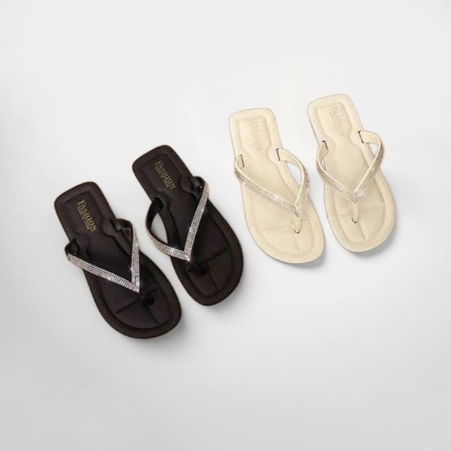 Nikao-Rhinestone Faux Leather Flip Flops