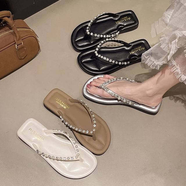 Nikao-Rhinestone Faux Pearl Flip-flops