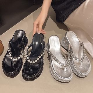 Nikao-Rhinestone Platform Thong Slide Sandals