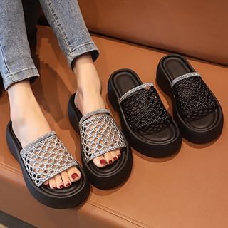 Nikao-Rhinestone Woven Platform Slide Sandals