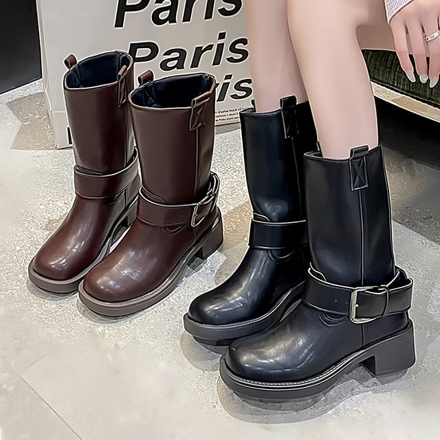 Nikao-Round Toe Buckled Chunky Heel Mid-Calf Boots