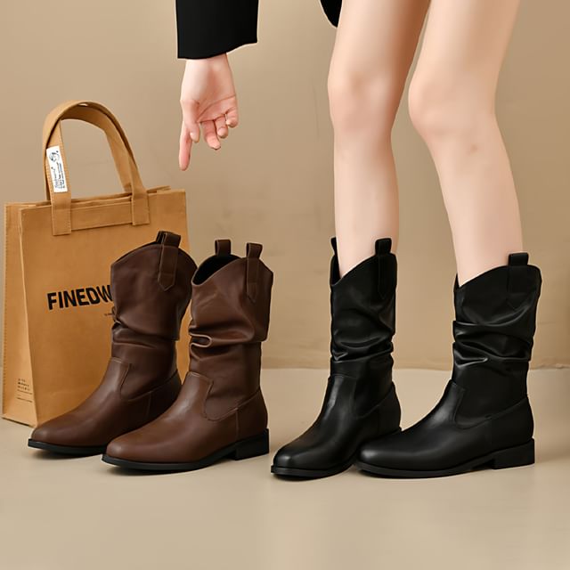 Nikao-Ruched Chunky Heel Mid-Calf Boots