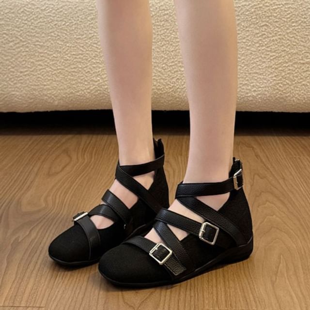 Nikao-Square Toe Buckled Panel Ankle Strap Wedge Shoes