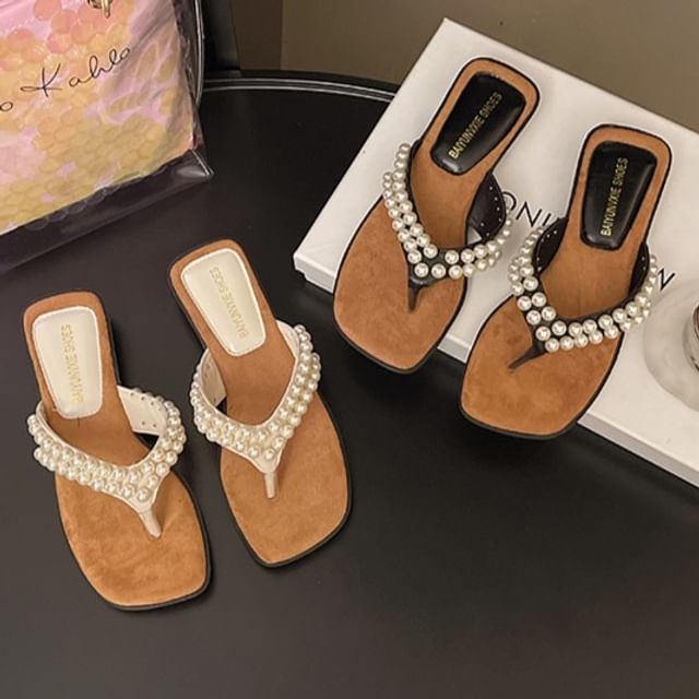 Nikao-Square Toe Faux Pearl Plain Flip Flops