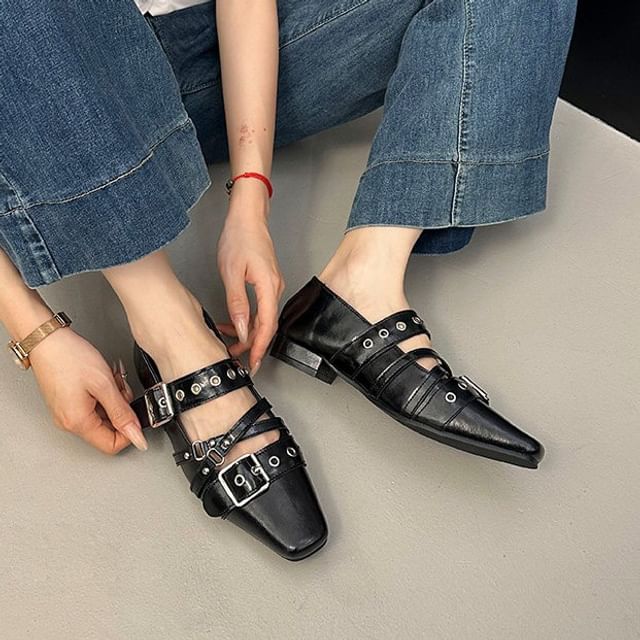 Nikao-Square Toe Grommet Buckled Mary Jane Shoes