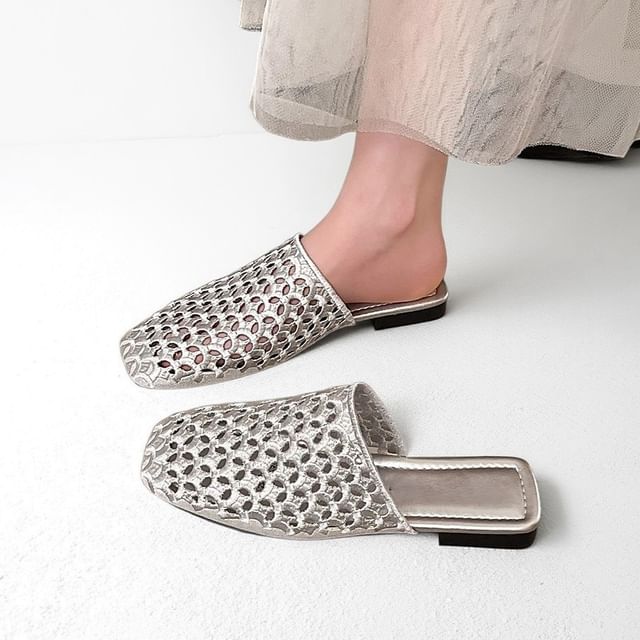 Nikao-Square-Toe Perfoarted Mules