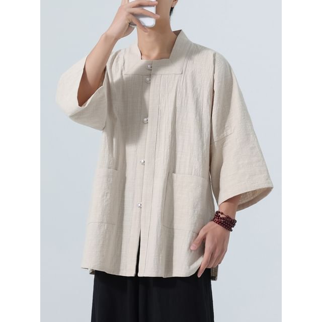 Ninine-34-Sleeve Square Neck Button-Up Plain Shirt