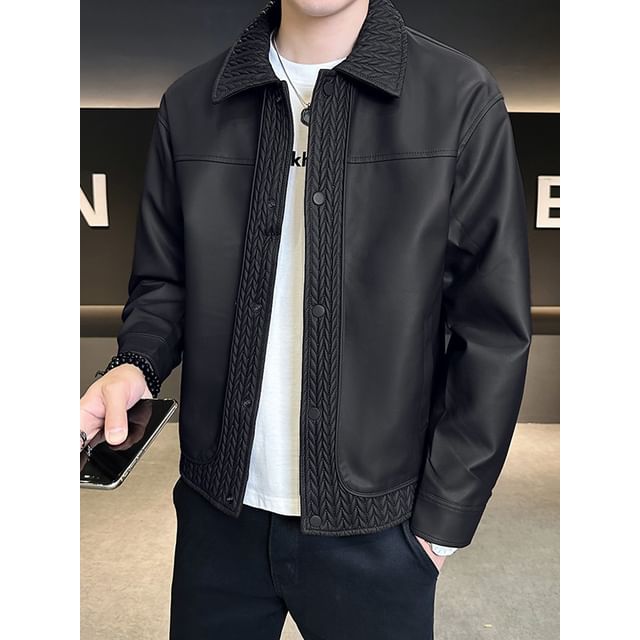 Ninine-Collared Faux Leather Button Up Jacket