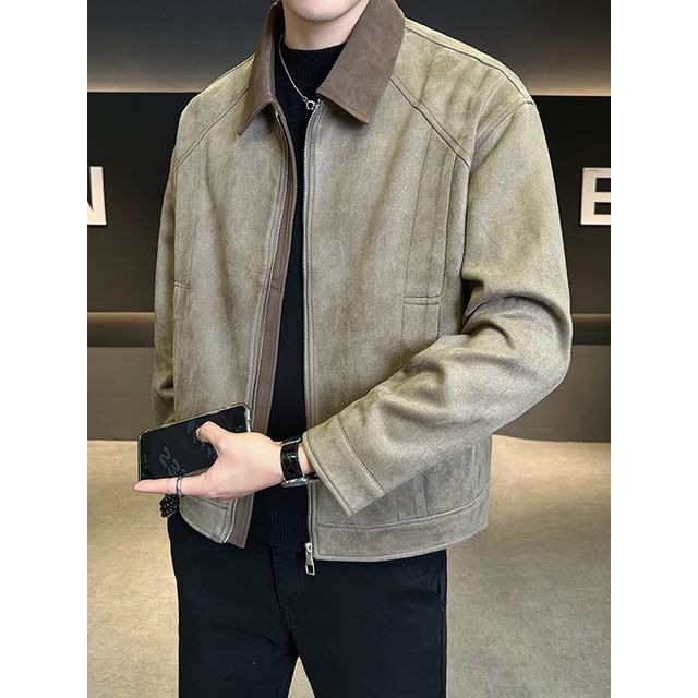 Ninine-Collared Plain Faux Suede Zip Jacket